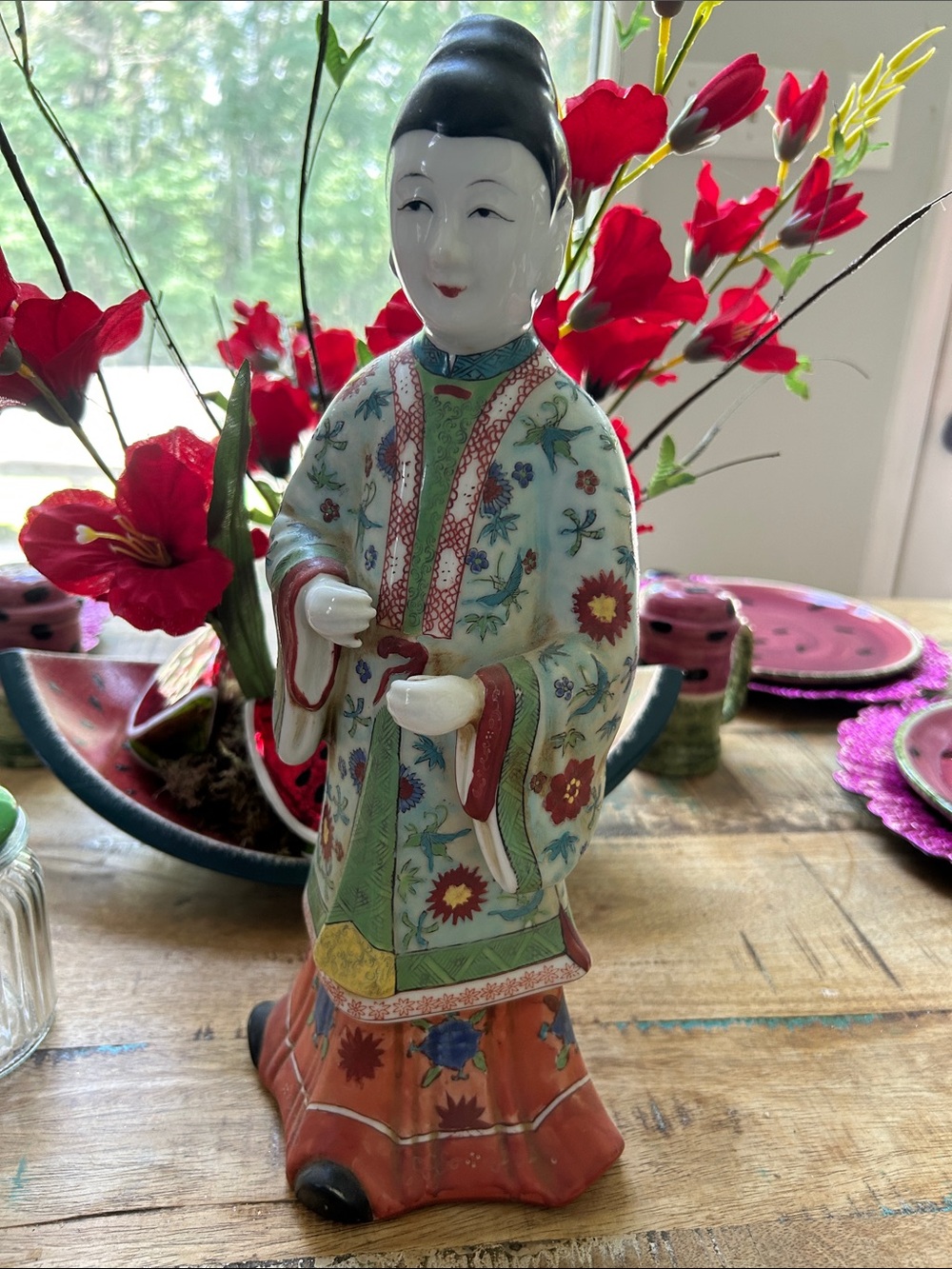 Decorative Porcelain Geisha Girl Figurine in Multicolor